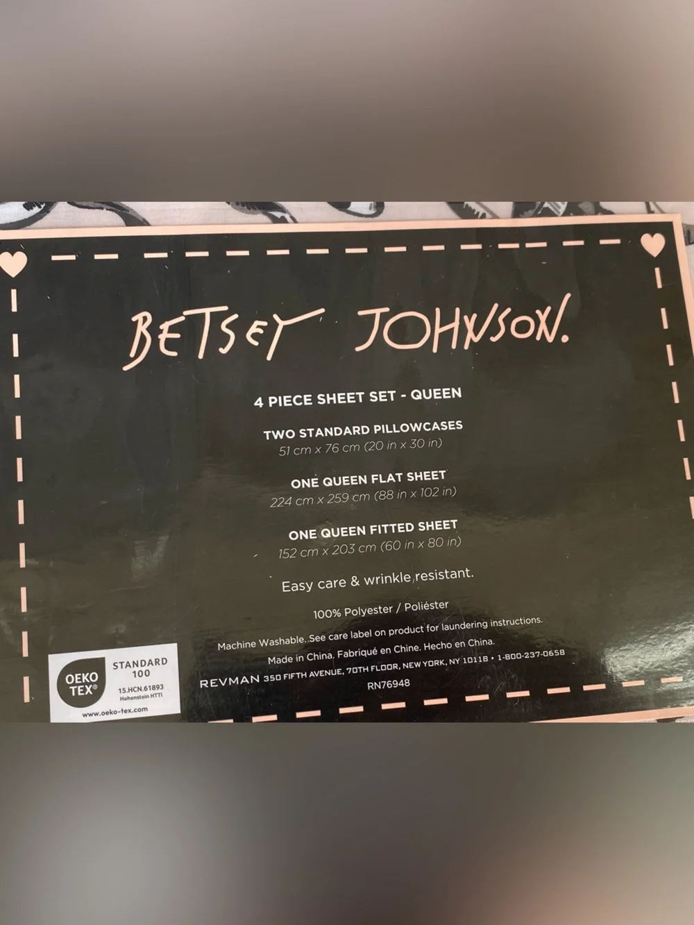 Betsey Johnson Queen Sheet Set 4 Piece Pink Black Coquette Bow Print